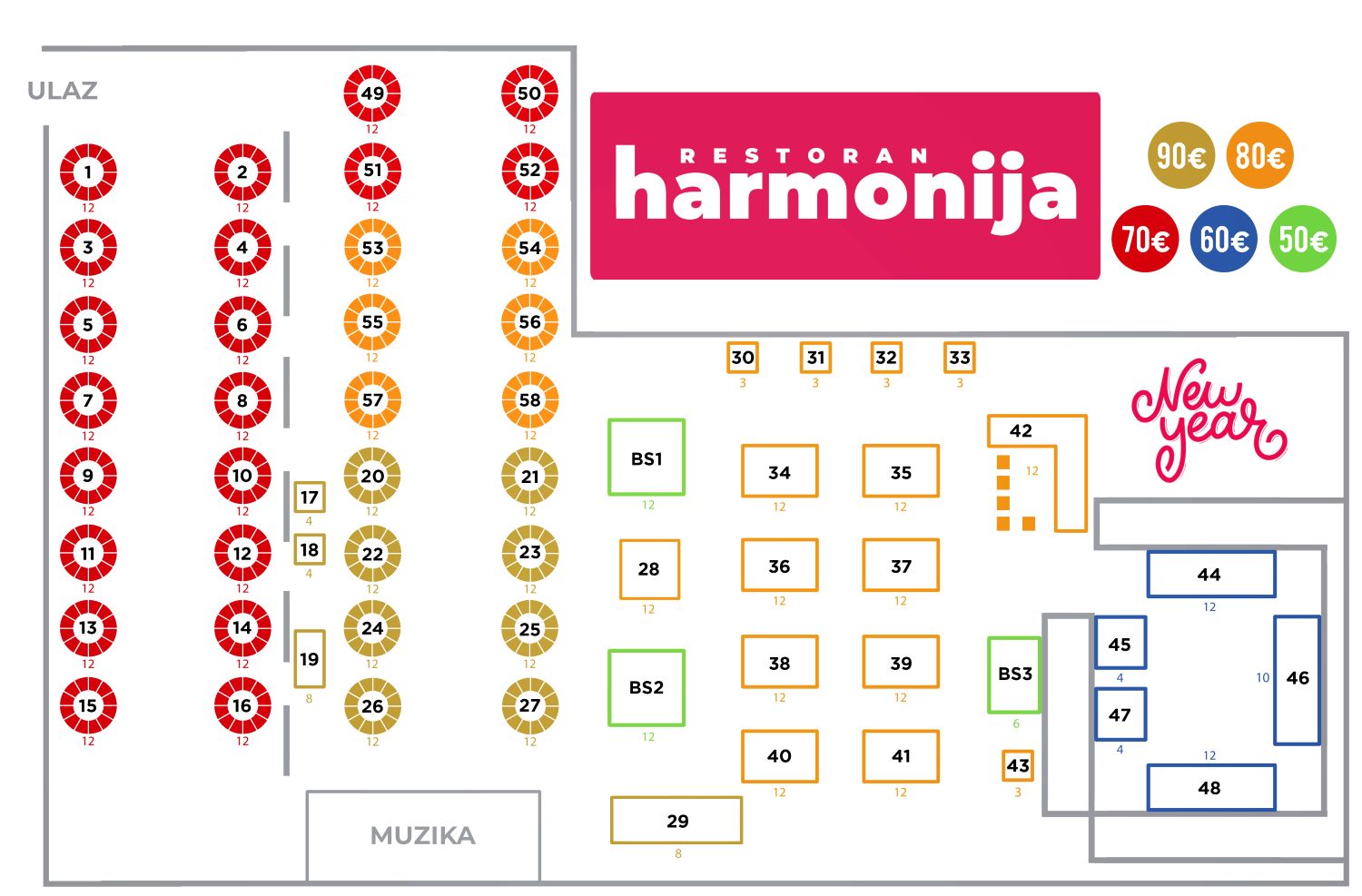 Mapa sedenja - Restoran Harmonija Nova godina